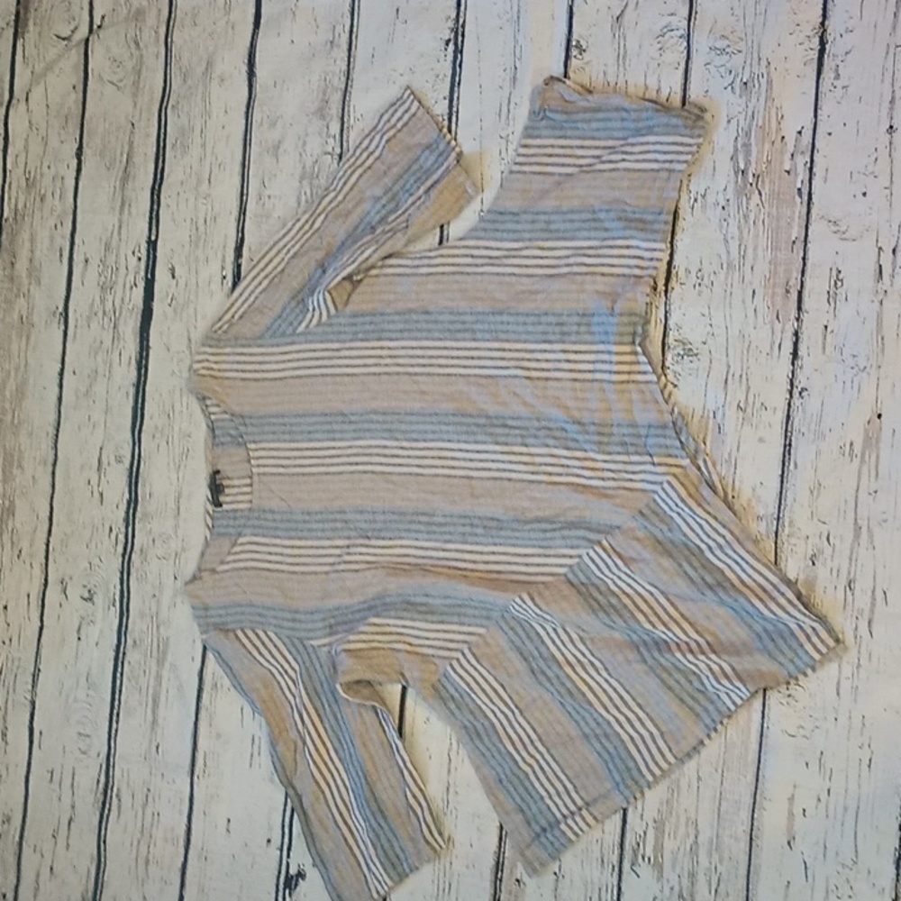 For Cynthia Blue Tan White Vertical Striped Linen Blend Lagenlook Tunic Top L